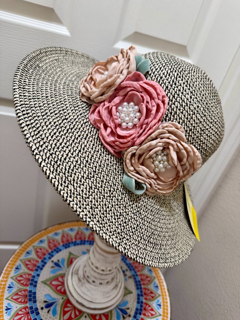 Elegant Women's Tweed Sun Hat With Satin Flowers And Pearls Wedding Tea Party